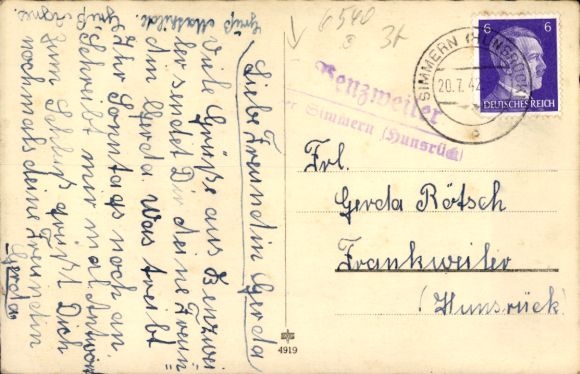 Country postmark Benzweiler over Simmern (Hunsrück) on PC July 20, 1942