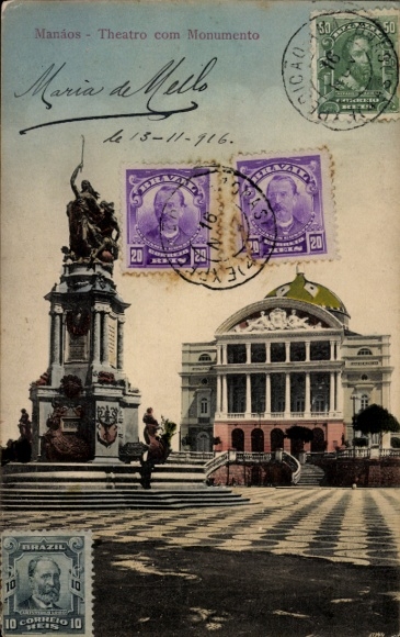 Ak Manaos Manaus Brasilien, Theater mit Monument, Statue, Poststempel, Briefmarken