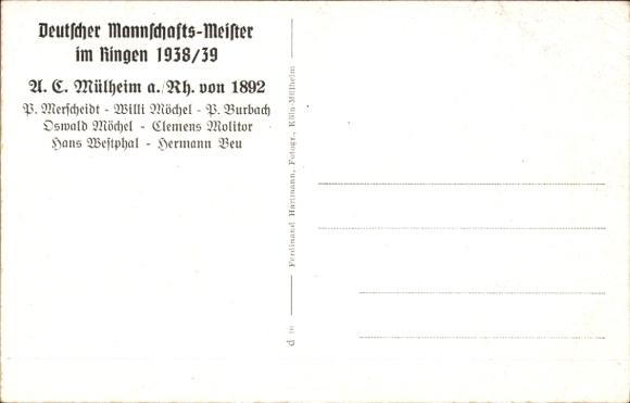 Postcard German Team Champion in Wrestling 1938/1939
