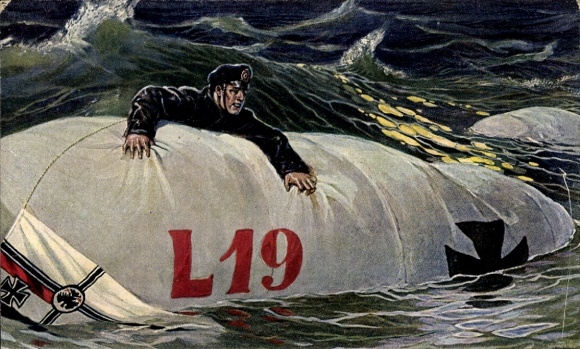Postcard Airship L19 in the water, Zeppelin, Imperial Flag, Man in Uniform