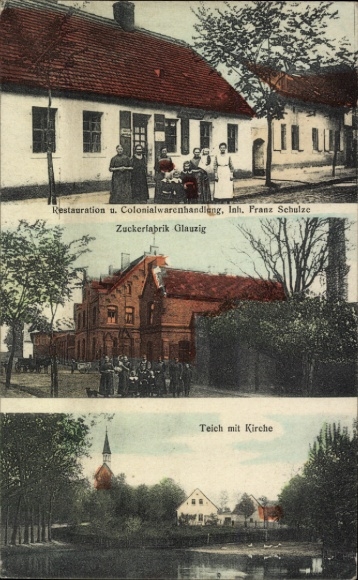 Ak Glauzig in Anhalt, restaurant, supermarkt, suikerfabriek, vijver, kerk
