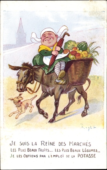 Artist Postcard Right, woman with vegetables on a donkey, potash fertilization