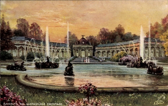 Ak Bayreuth in Opper-Franken, Hermitage-plezierpaleis, park met fonteinen en figuren, romantische scènes
