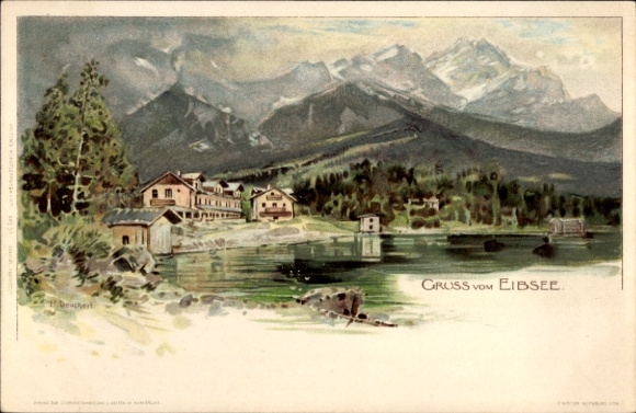 Artist Chromo-Litho Deuchert, H., Grainau in Upper Bavaria, Eibsee, Mountains