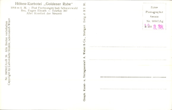 Postcard Furtwangen in the Black Forest, aerial photograph, Kurhotel Goldener Rabe