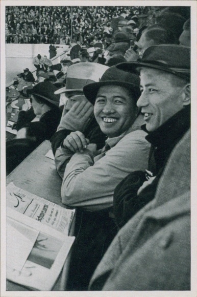 Collector's photo Olympics 1936, Japanese sports journalists on the press stand in the ice stadium
