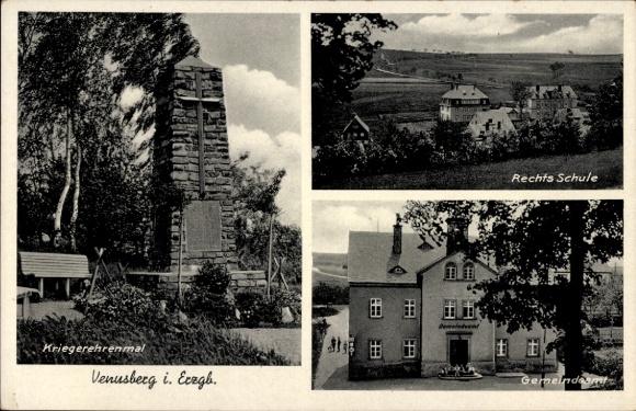 Postcard Venusberg Drebach in the Erzgebirge, school, municipal office, war memorial