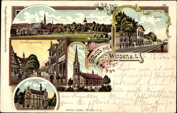 Litho Winsen an der Luhe, Lüneburger Straße, Kirche, Bahnhof, Neues Rathaus, Totale