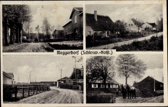 Ak Meggerdorf Schleswig Holstein, Straßenpartien, Häuser, Pferde