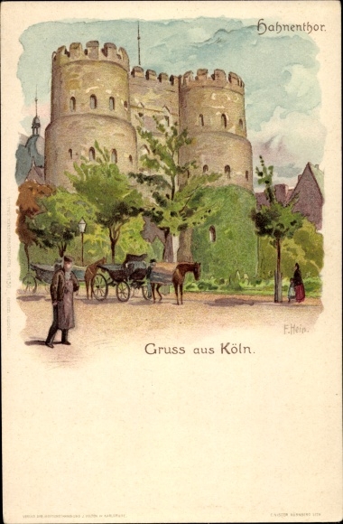 Kunstenaar litho Franz Hein, Keulen aan de Rijn, zicht op de Hahnentor, koets
