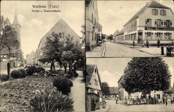 Postcard Westheim in der Pfalz, church, parish hall, church