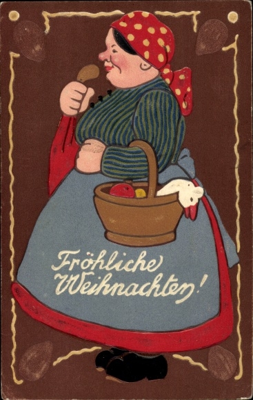 Embos litho gefeliciteerd Kerstmis, peperkoek, dikke vrouw