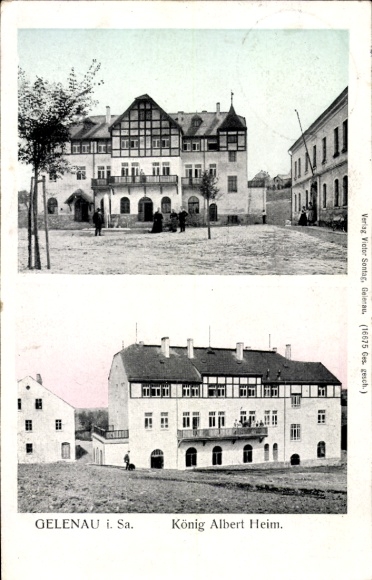 Postcard Gelenau in the Ore Mountains, Two old buildings, King Albert Heim, Victor Sontag publishing house