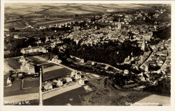 Postcard Warburg in Westphalia, aerial view of the city, rural surroundings, architecture