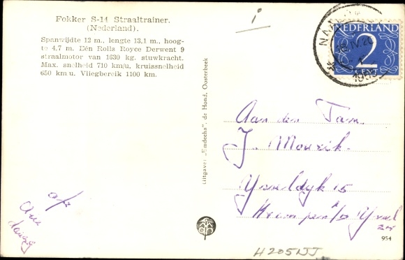 Postcard Dutch military aircraft, Fokker S 14 Straaltrainer
