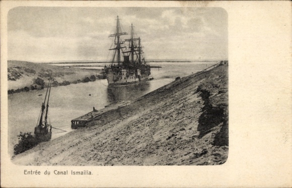Postcard Suez Egypt, ship in the Suez Canal