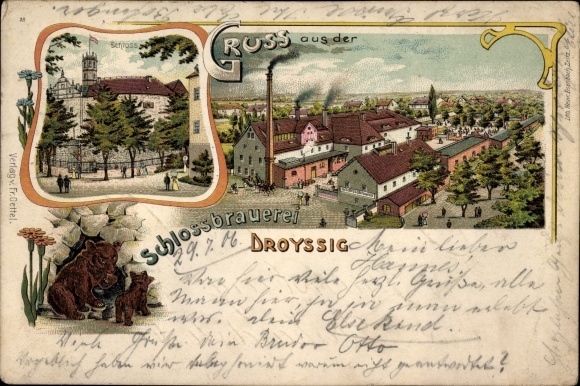 Litho Droyßig im Burgenlandkreis, Schloss, Blick auf den Ort, Bären, Schlossbrauerei
