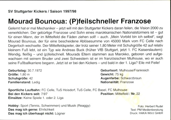 Karta autografu piłkarza Mourada Bounoua, Stuttgarter Kickers, autograf