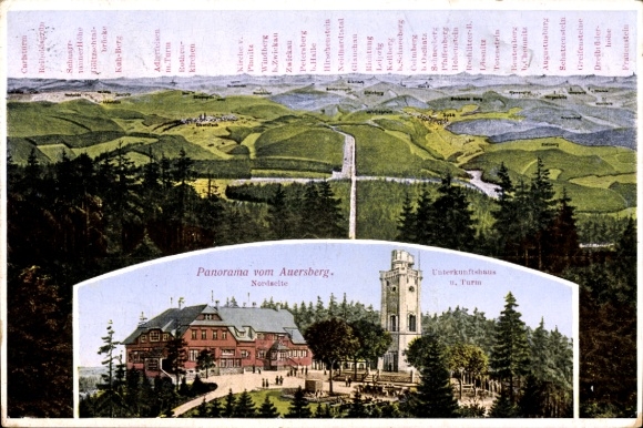 Postcard Wildenthal Eibenstock in the Ore Mountains, panorama from the Auersberg, accommodation house and tower