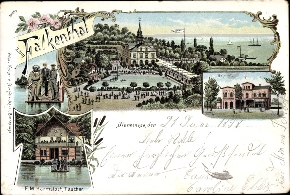 Chromo-Litho Hamburg Altona Blankenese Falkenthal, train station, divers FM Harmstorf, inn