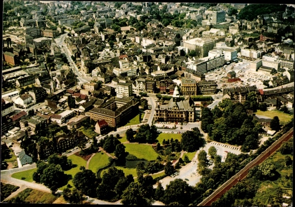 Postcard Recklinghausen, part of the city center, town hall, Erlbruchpark, aerial photograph