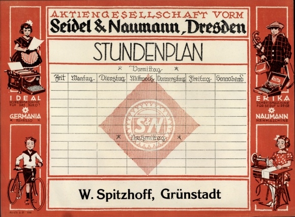 Rozkład jazdy Seidel & Naumann, Drezno, W. Spitzhoff, Grünstadt, maszyny do pisania, rowery ok. 1930 r.