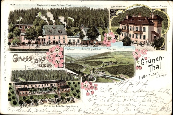 Litho Dittersdorf Erzgebirge, Restaurant zum Grünen Thal, Garten, Beamtenhaus