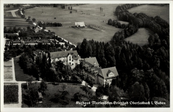 Postcard Weingarten in Baden, Kurhaus Marienheim-Erlenbad, landscape with forest and fields