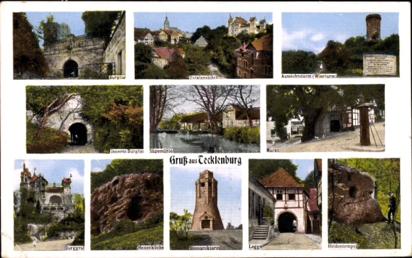 Postcard Tecklenburg in Westphalia, castle gate, Wierturm, witch's kitchen, Bismarck tower, heathen temple