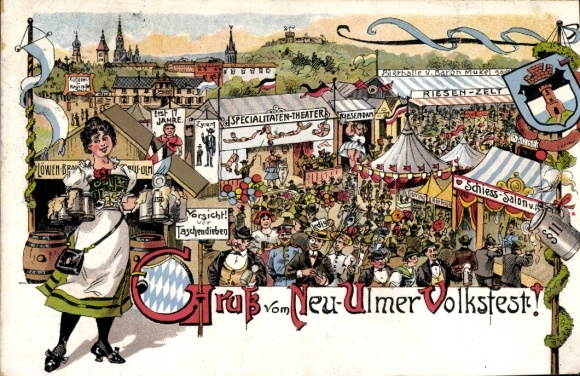 Ak Neu Ulm in Schwaben, Neu Ulmer Volksfest, Festplatz, Attraktionen, Kellnerin mit Bierkrügen