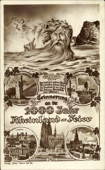 Postcard Worms am Rhein, 1000 year celebration of the Rhineland, Father Rhine, Mouse Tower, Speyer, Rheinstein Castle