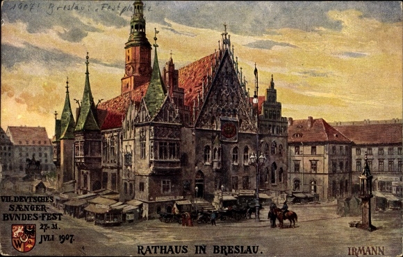 Artist PC Irmann, Wrocław Breslau in Silesia, town hall, city coat of arms, VII. National Song Festival 1907