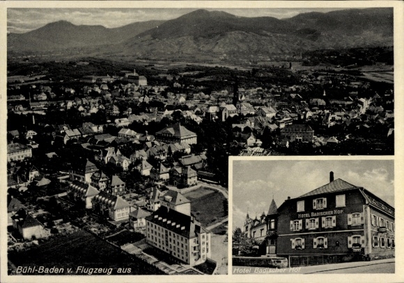 Postcard Bühl in Baden Schwarzwald, aerial photograph, Hotel Badischer Hof