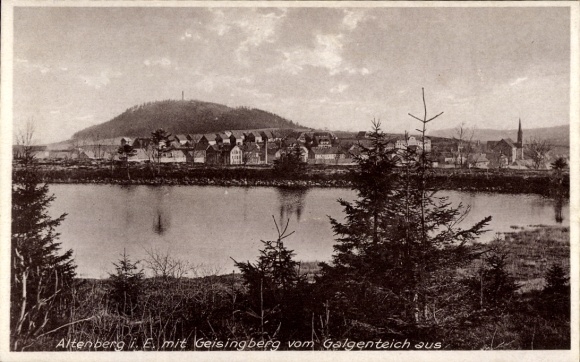 Postcard Geising Altenberg in the Ore Mountains, panoramic view of Geisingberg, calm water surface, trees