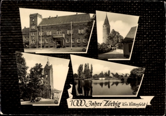 Ak Zörbig in Anhalt, stadhuis, kasteel, Halleschertoren, Leipzig-vijver