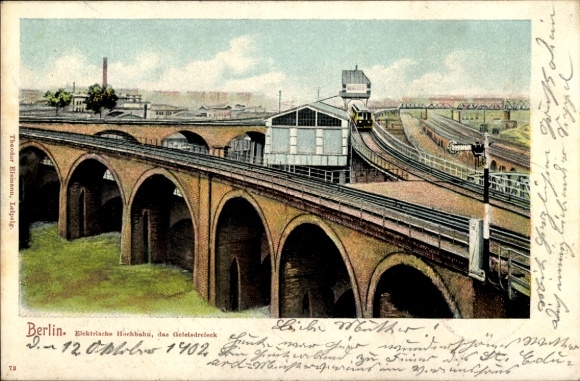 Postcard Berlin Kreuzberg, Electric elevated railway at Gleisdreieck