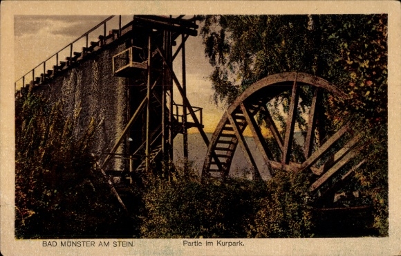 Ak Bad Münster am Stein Ebernburg, Partie im Kurpark, Wasserrad, Aufzug