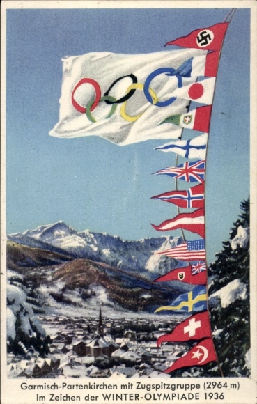 PC Garmisch Partenkirchen in Upper Bavaria, 1936 Winter Olympics, flags, Zugspitze group
