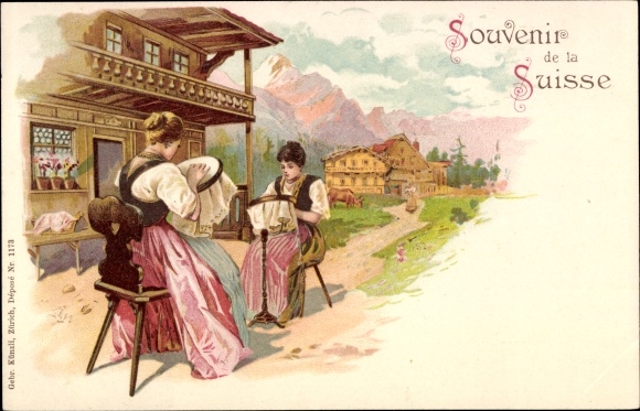 Chromo-Litho Switzerland, women embroidering, Swiss folk costume