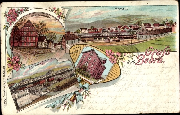 Chromo-Litho Bebra on the Fulda in Hesse, Breitenbach, train station, Hotel Schlueter, total view