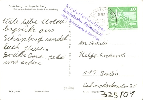 Postcard Schönberg am Kapellenberg Bad Brambach in Vogtland, Reichsbahn holiday home Berlin-Rummelsburg
