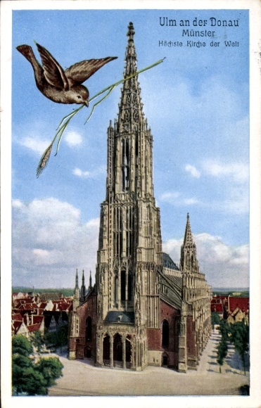 Passepartout PC Ulm on the Danube, Münster, sparrow with an ear of wheat in its beak