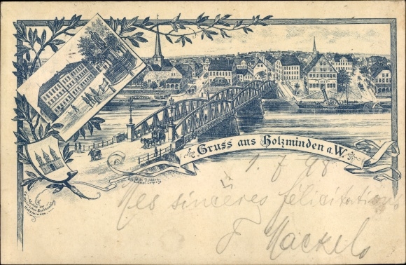 Chromo-Litho Holzminden in Lower Saxony, village, bridge