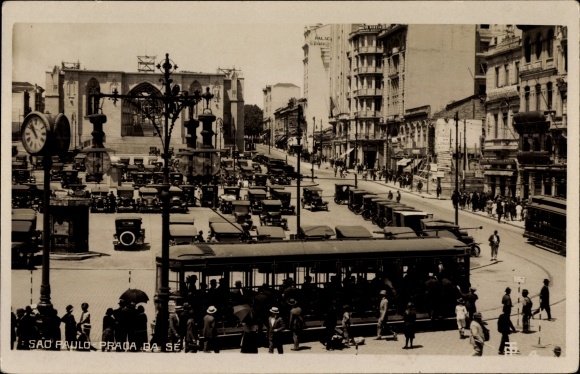 Photo Postcard São Paulo Brazil, Praca da Se, street section, tram