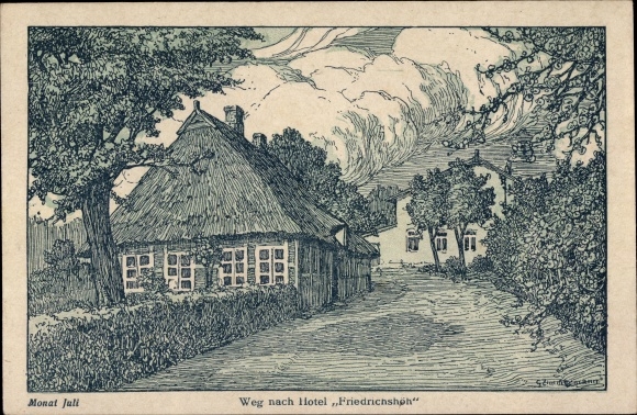 Kunstenaarskaart Heikendorf aan de Kiel Fjord, weg naar Hotel Friedrichshöh, kalenderpagina juli
