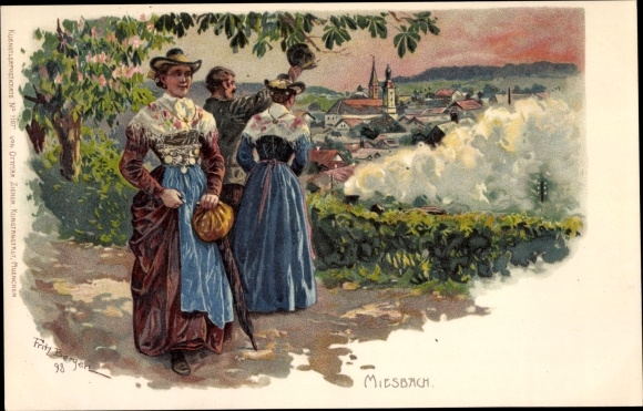 Kunstenaar litho Miesbach in de regio Oberland van Opper-Beieren, panorama, man, vrouw in klederdracht