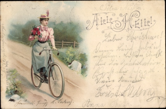 Litho Frau mit Blumenstrauß, Radfahrerin, Fahrrad