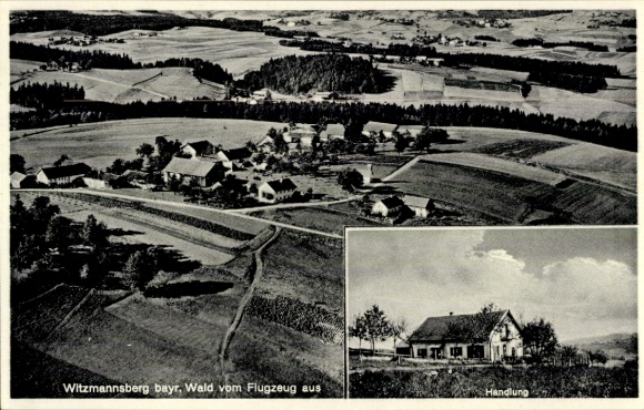 Ak Witzmannsberg bayerischer Wald Niederbayern, Fliegeraufnahme, Geschäft v. Georg Bildl