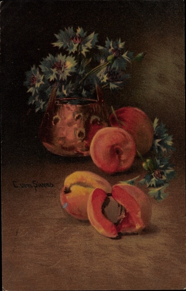 Artist Postcard von Sivers, C., still life, cornflowers, peaches
