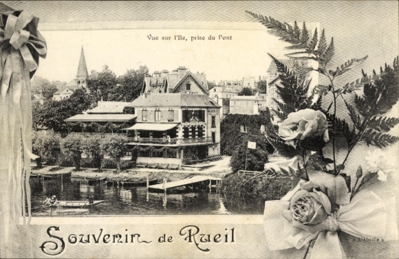 Ak Rueil Malmaison Hauts de Seine, Blick auf die Insel, Brücke, Häuser, Bäume, Vintage-Stil, 